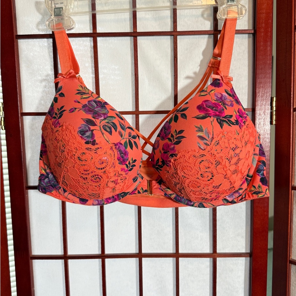 Cacique Coral Orange Floral Lace Push-Up Bra